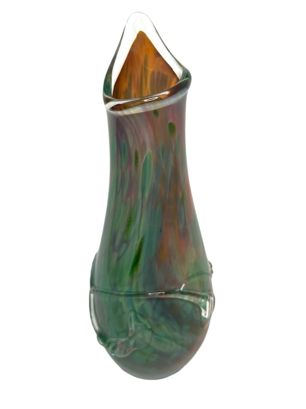 Vintage Art Glass Swirl Vase Pink Green Yellow  10 Inch Signed  Harris?